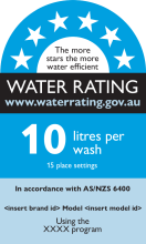 Water rating label showing six stars and includes the following text: The more stars the more water efficient. www.waterrating.gov.au. 10 litres per wash. In accordance with AS/NZS 6-400